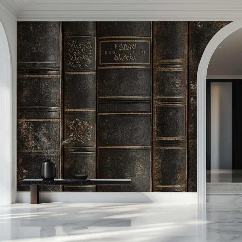Antique books wallpaper bringing character to a bedroom accent wall