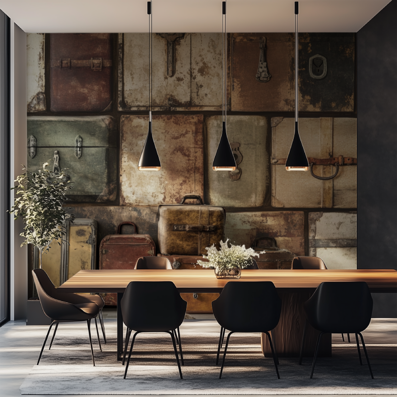 Antique luggage wall mural creating depth in a cozy reading nook