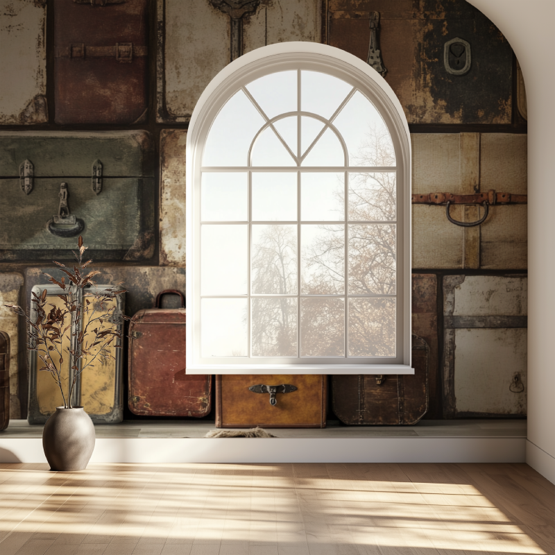Vintage travel wallpaper complementing an industrial-style dining room