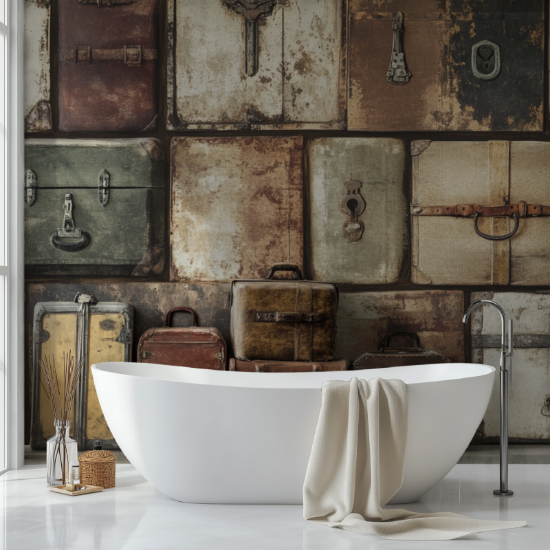 Leather suitcase mural wallpaper in a boutique hotel lobby setting