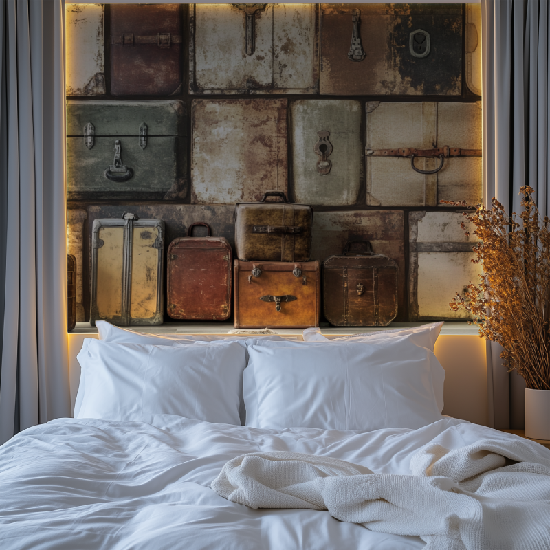 Retro luggage wall design enhancing a vintage-themed restaurant wall