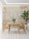 Vintage Toile de Jouy wallpaper in a bright dining room showing pastoral scene in soft beige tones