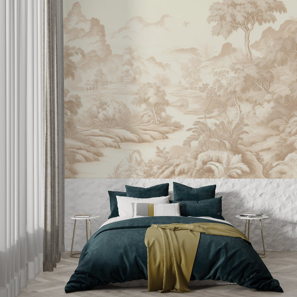 French countryside mural creating elegance in a master bedroom setting