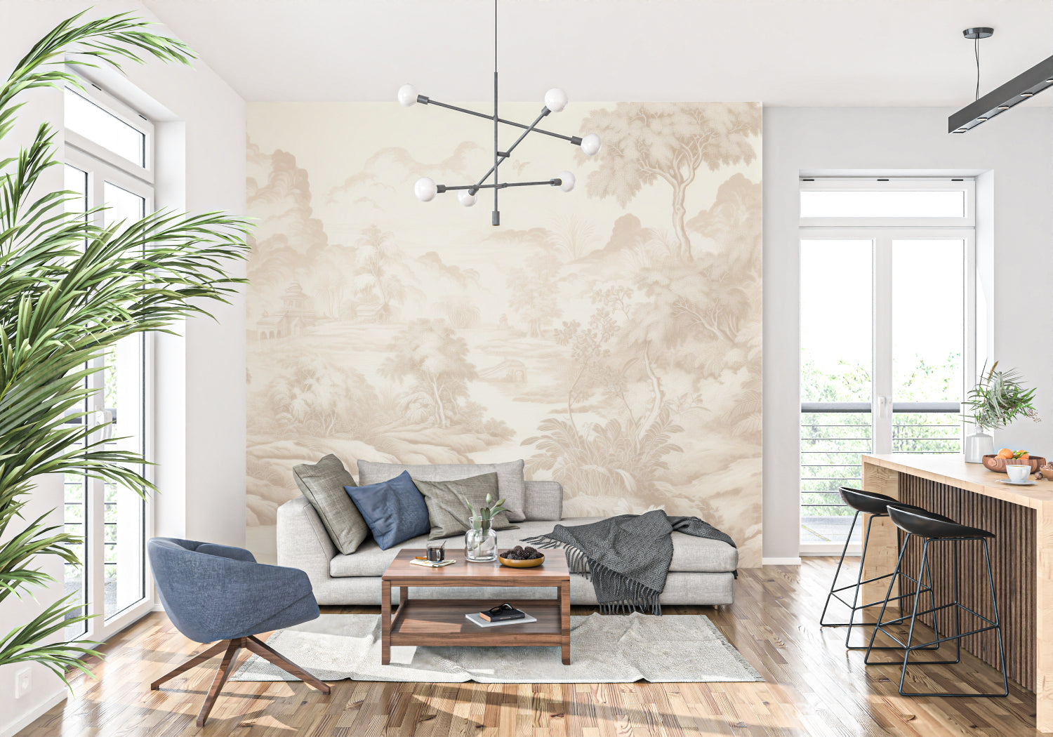 Vintage toile wallpaper creating a sophisticated home office atmosphere