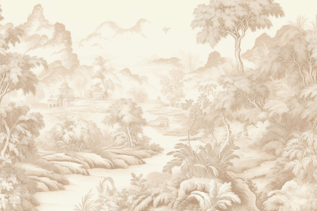 Beige Toile de Jouy pastoral landscape design file showing intricate pattern details