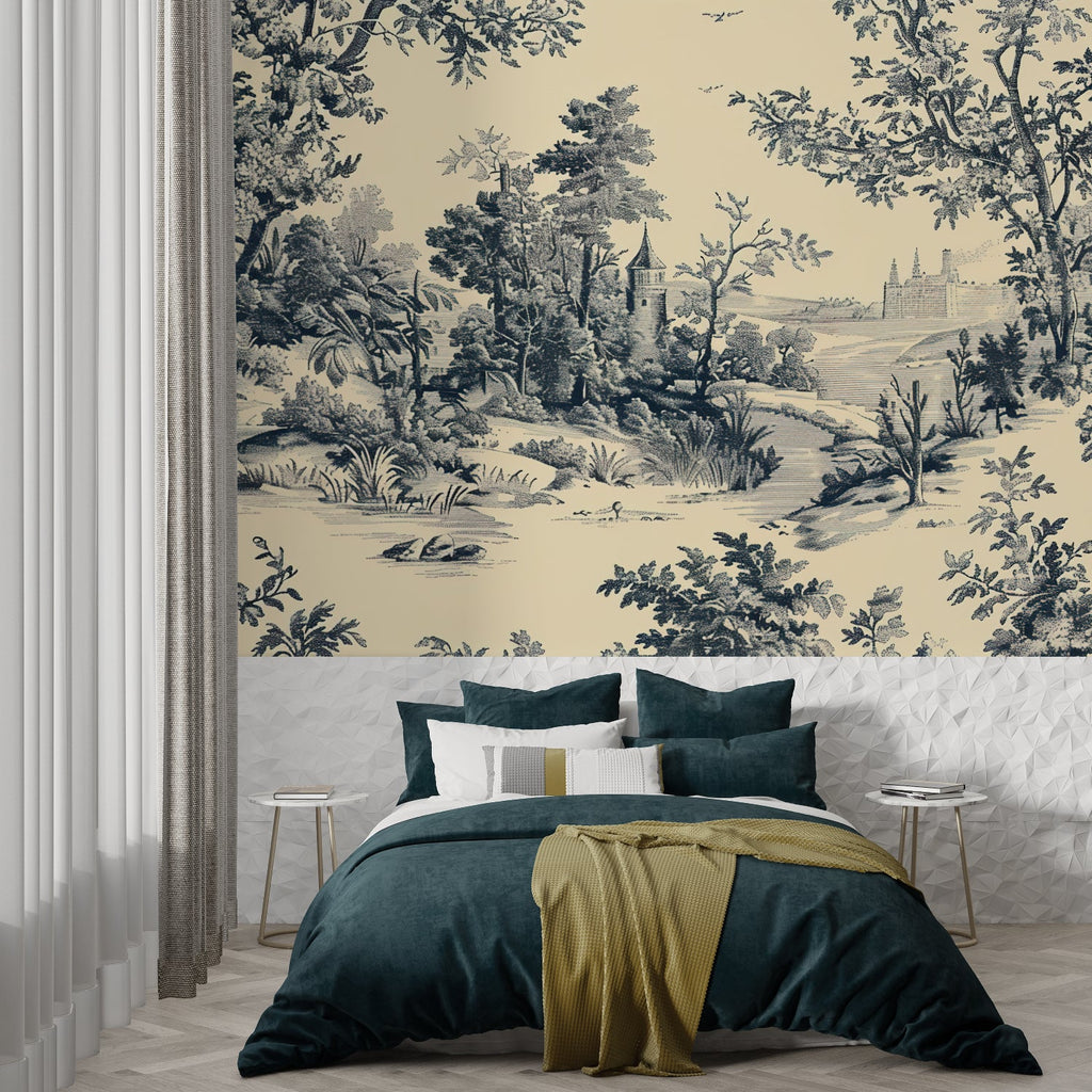 French countryside mural wallpaper adding charm to a master bedroom