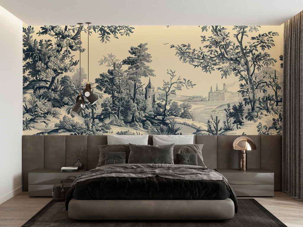 Classic Toile de Jouy wall mural transforming a living room with pastoral scenes