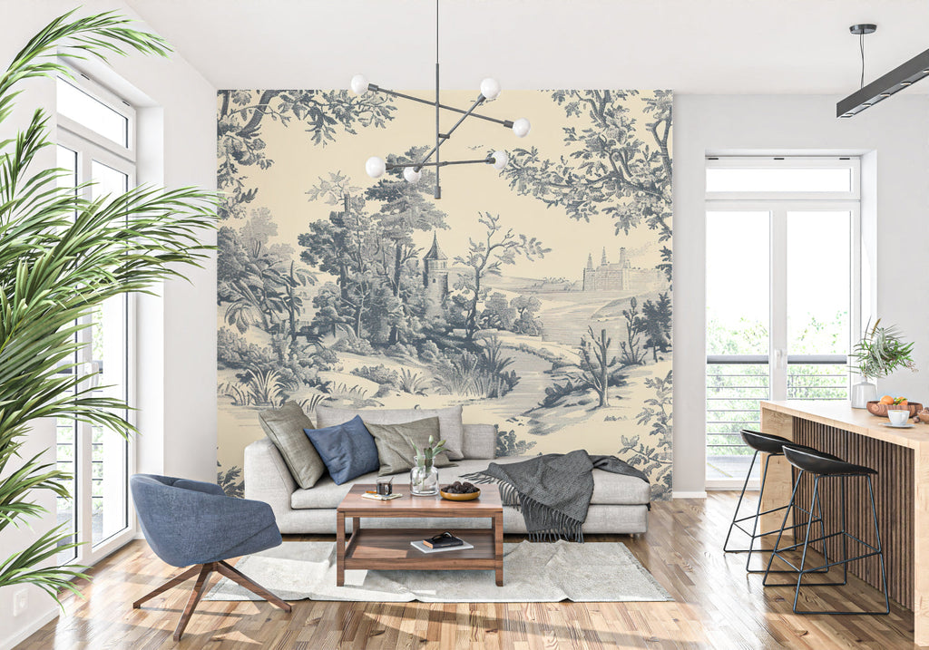 Vintage Toile wallpaper bringing sophistication to a home office space