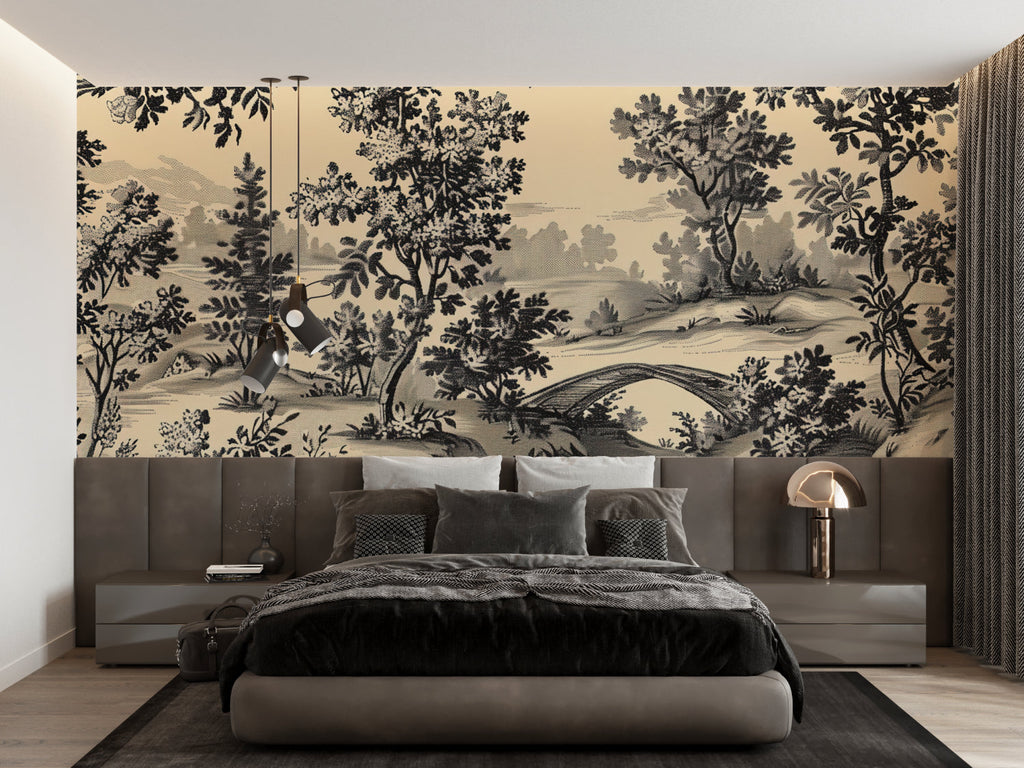 French countryside scene wallpaper in home office with wooden desk