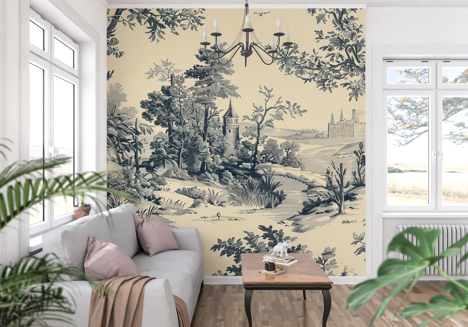 Traditional black and beige Toile pattern enhancing an entryway with elegant scenes