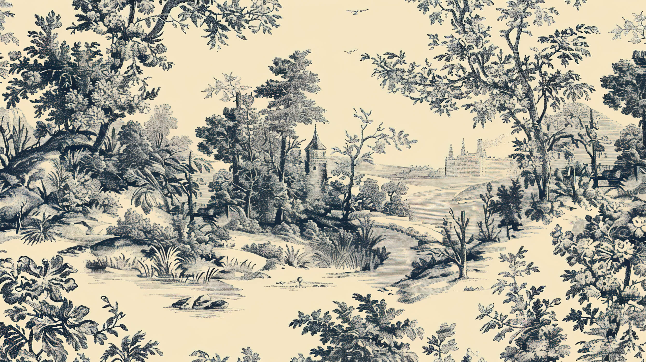 Black and beige Toile de Jouy landscape design file showing detailed pastoral pattern