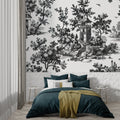 Black and white toile de jouy wallpaper in an elegant dining room with crystal chandelier