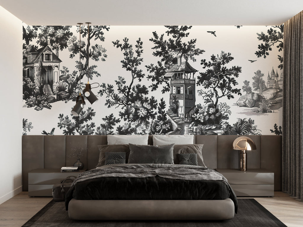 Classic toile wallpaper adding French charm to a modern living room setting