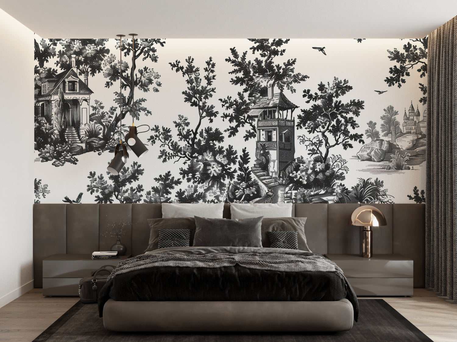 Classic toile wallpaper adding French charm to a modern living room setting