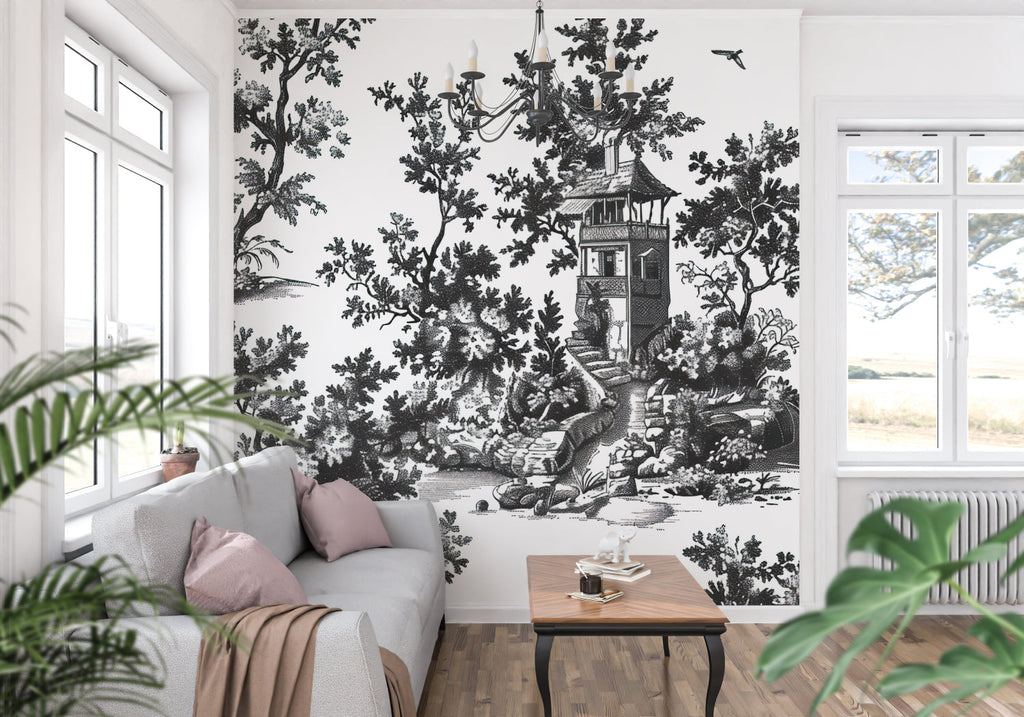 Monochrome toile mural creating depth in a sophisticated home office