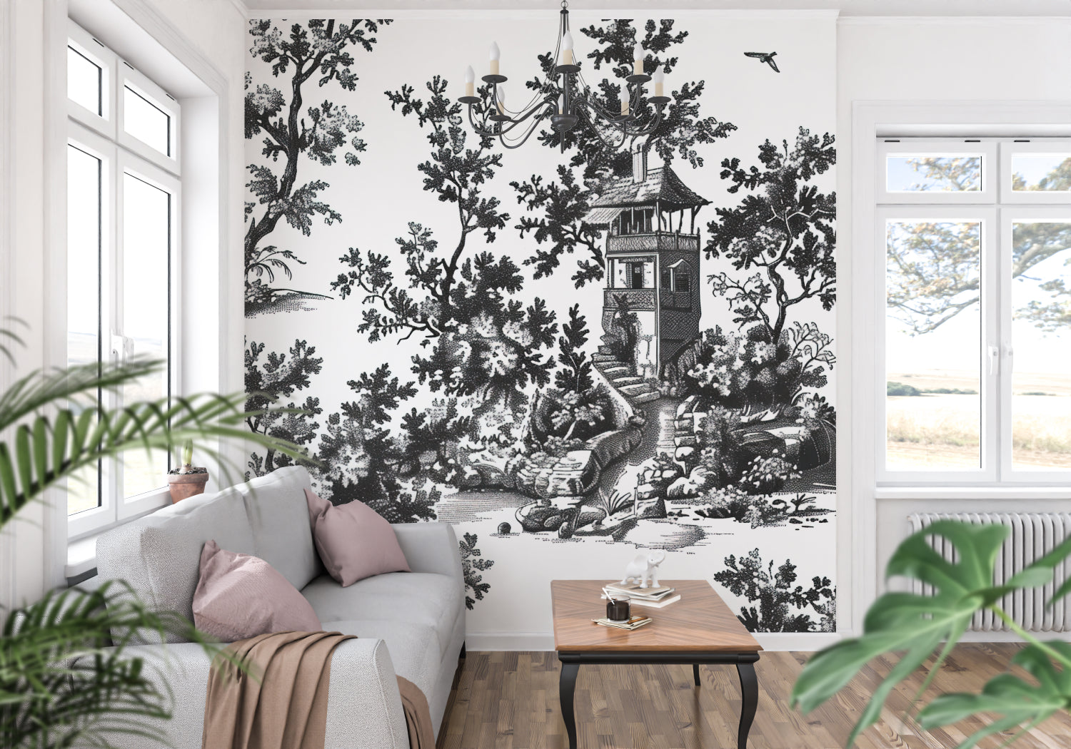 Monochrome toile mural creating depth in a sophisticated home office