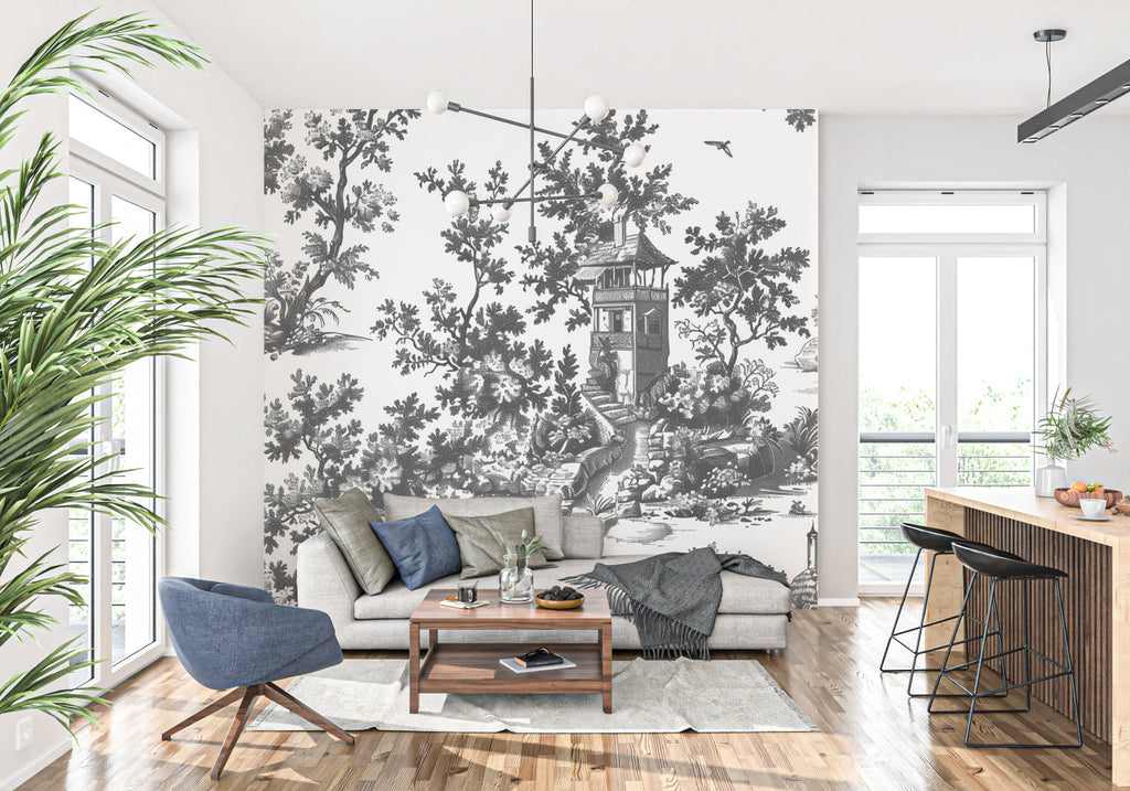 Black and white toile wallpaper bringing elegance to an entryway