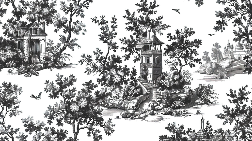 Toile de jouy pattern design file showing intricate black and white pastoral scenes