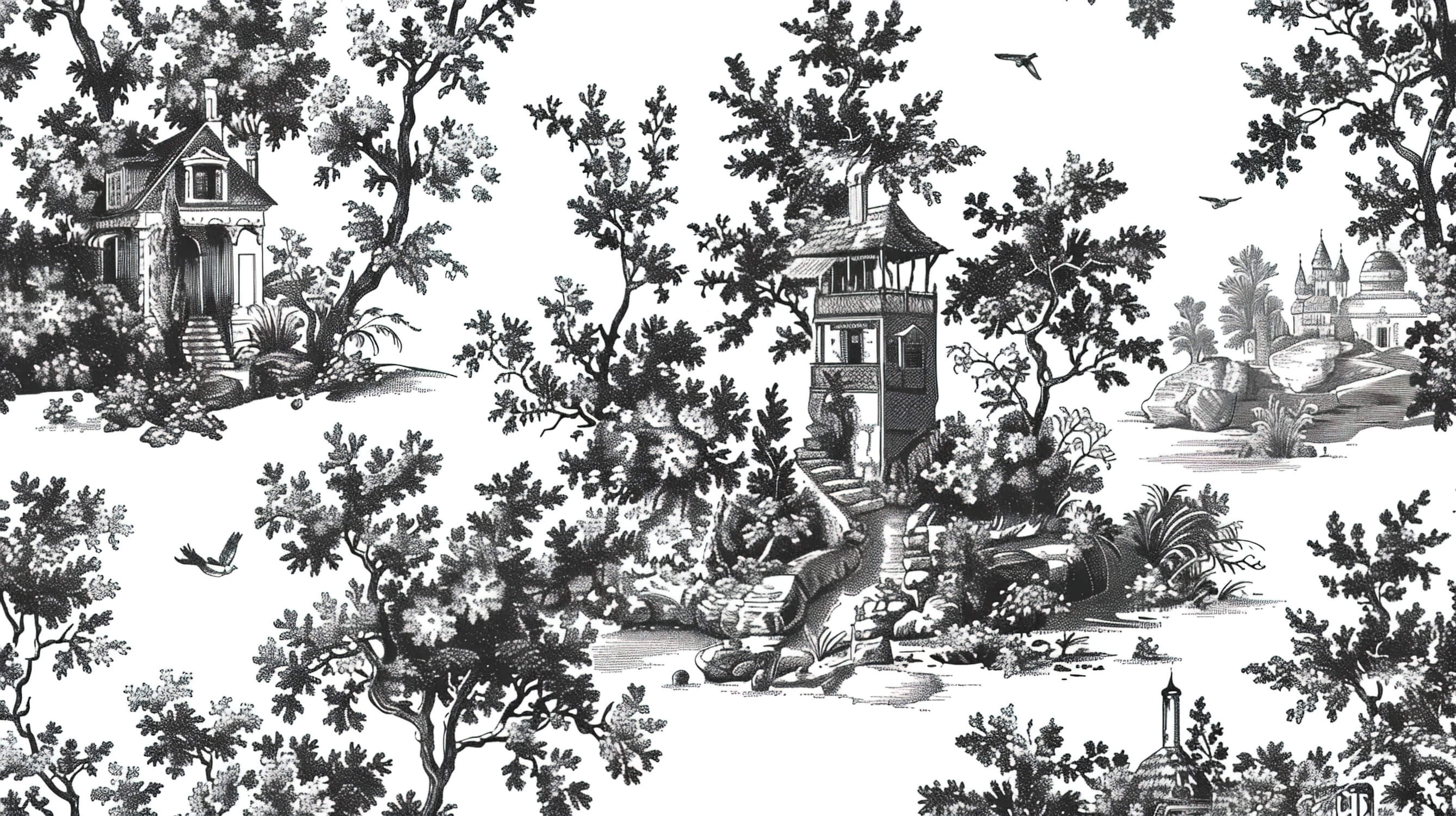 Toile de jouy pattern design file showing intricate black and white pastoral scenes