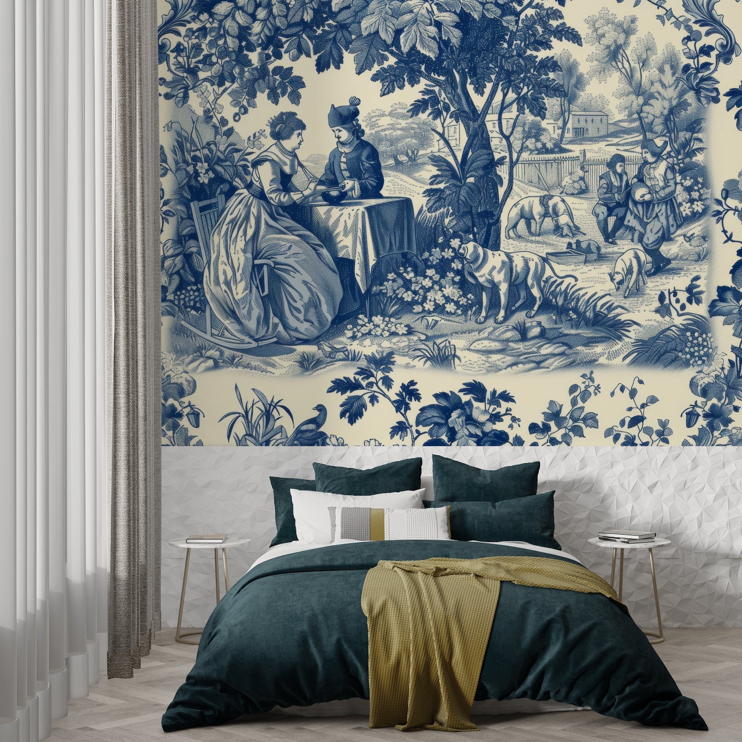 Blue Toile de Jouy wallpaper in an elegant dining room with crystal chandelier and French furniture