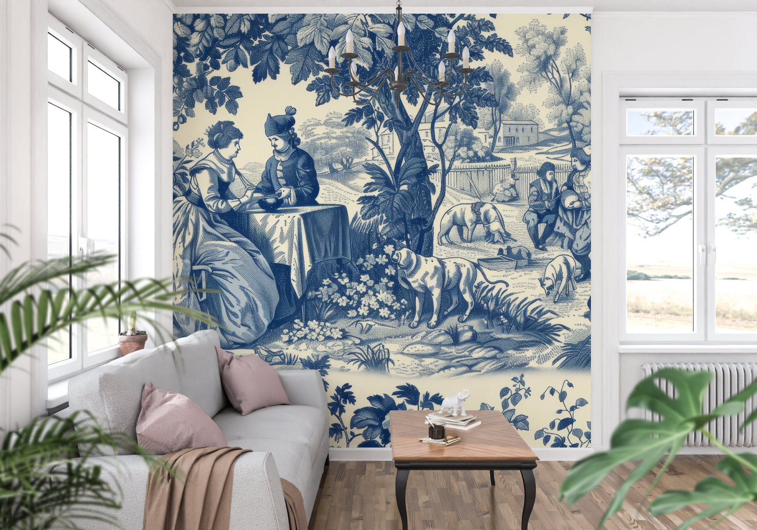 French countryside Toile wallpaper creating depth in a cozy living room setting