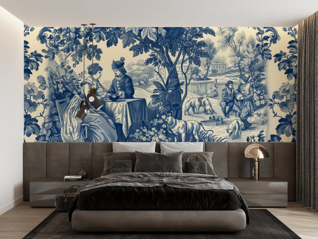 Vintage Toile wallpaper bringing French charm to a modern home office space
