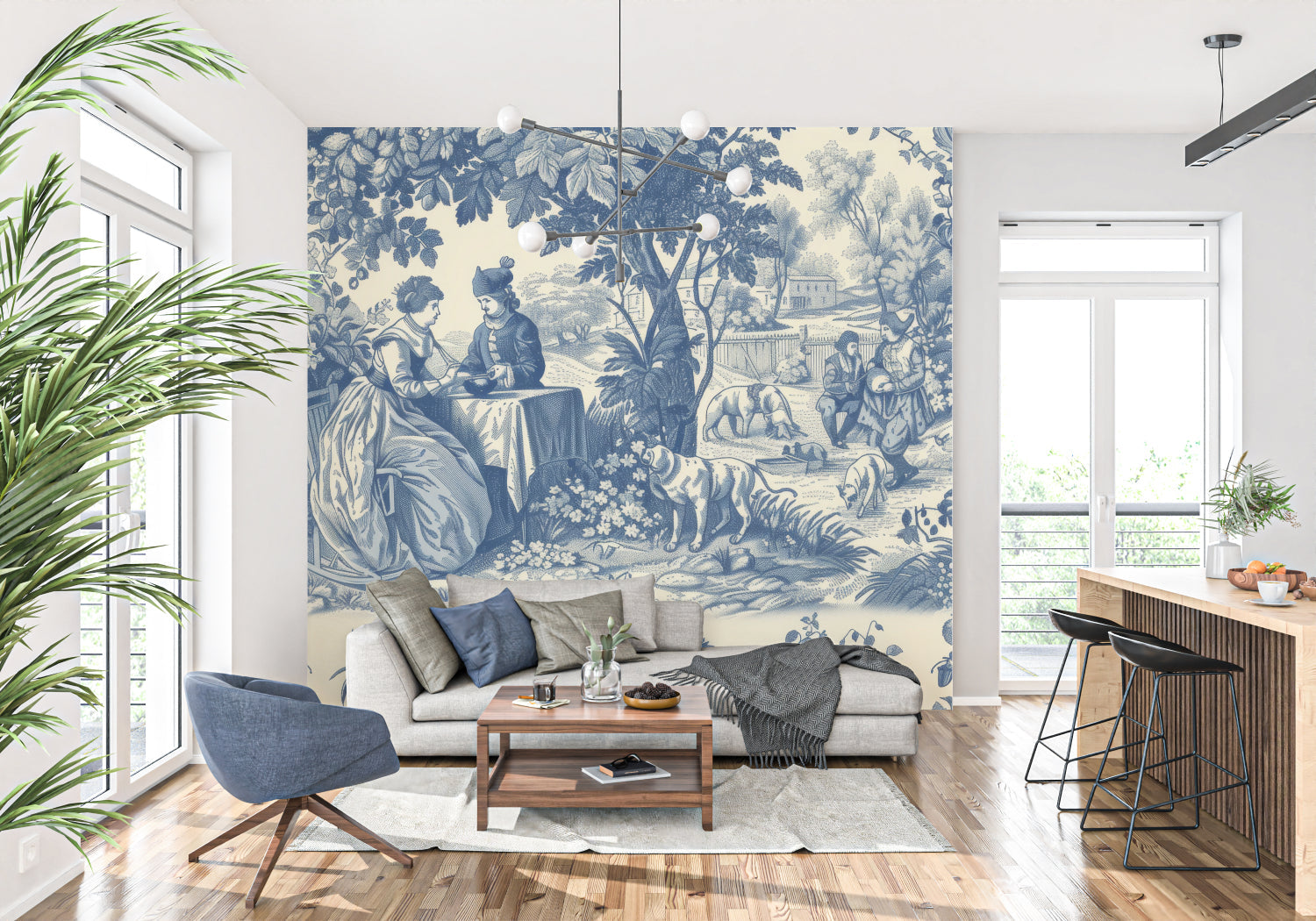 Blue and beige Toile pattern enhancing a hallway with antique furnishings