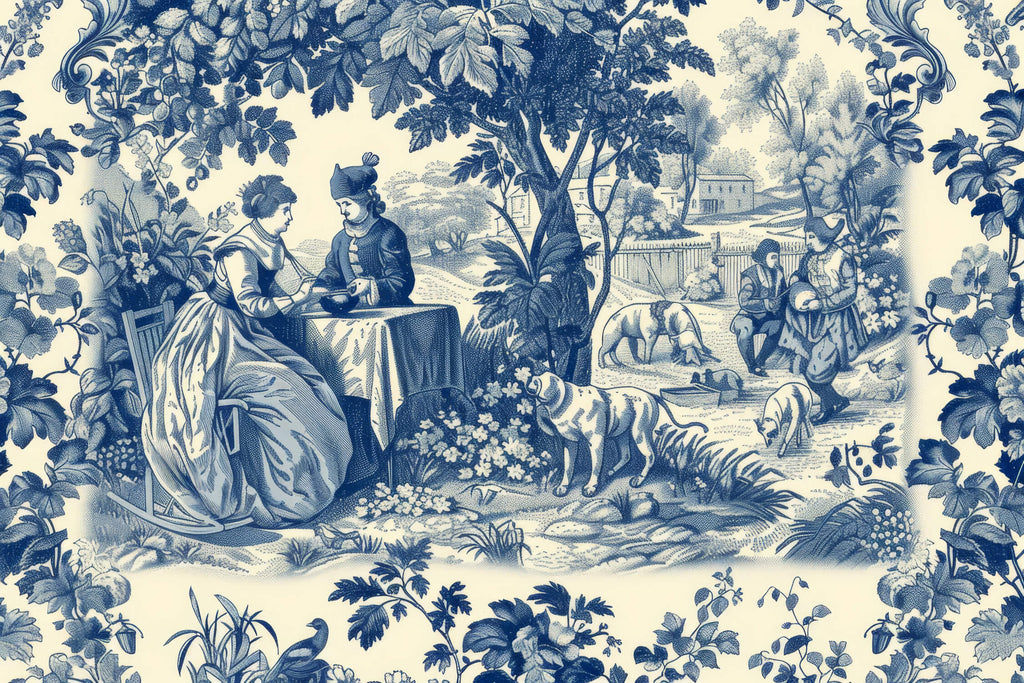 French Toile de Jouy wallpaper design file showing detailed countryside scene pattern