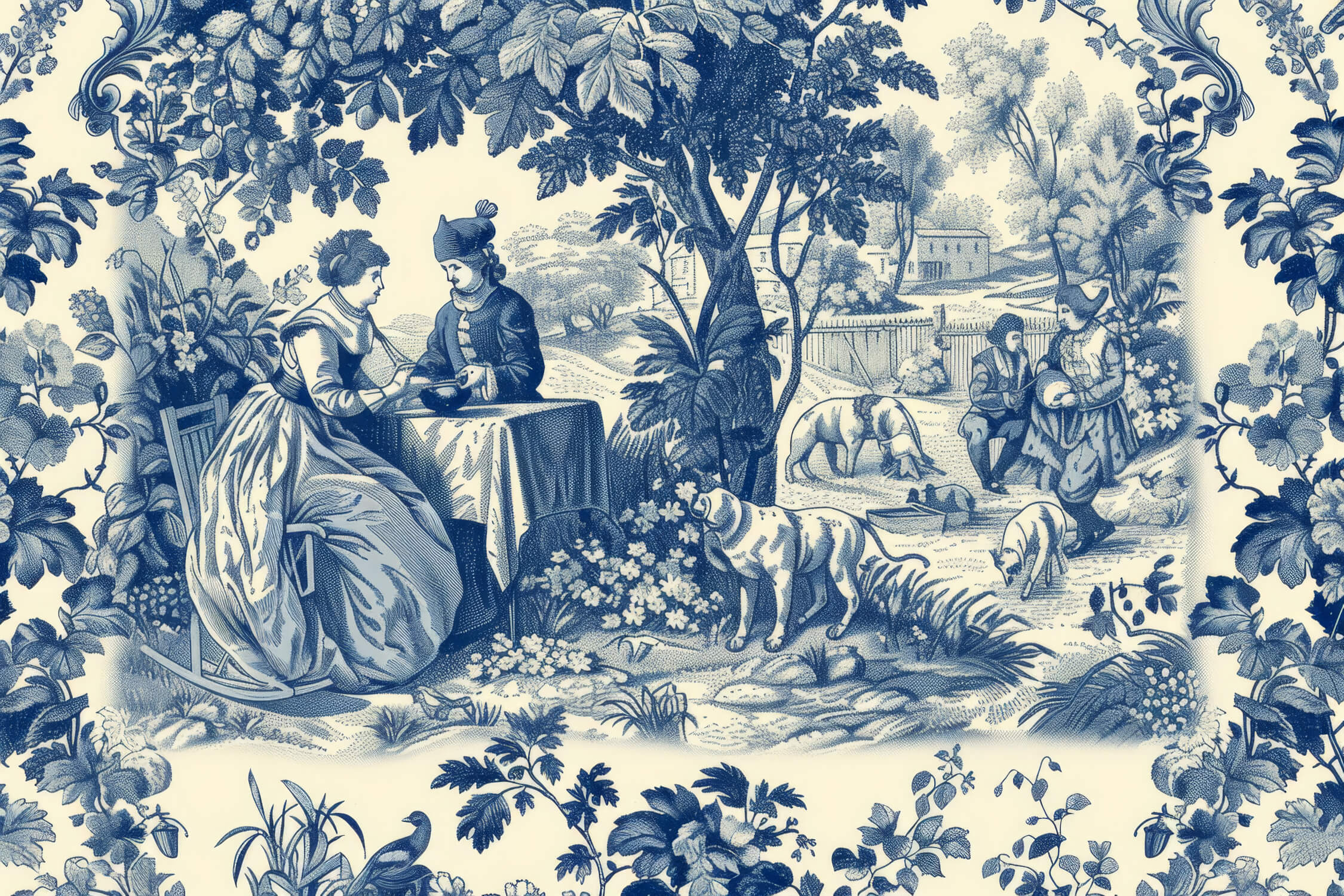 French Toile de Jouy wallpaper design file showing detailed countryside scene pattern