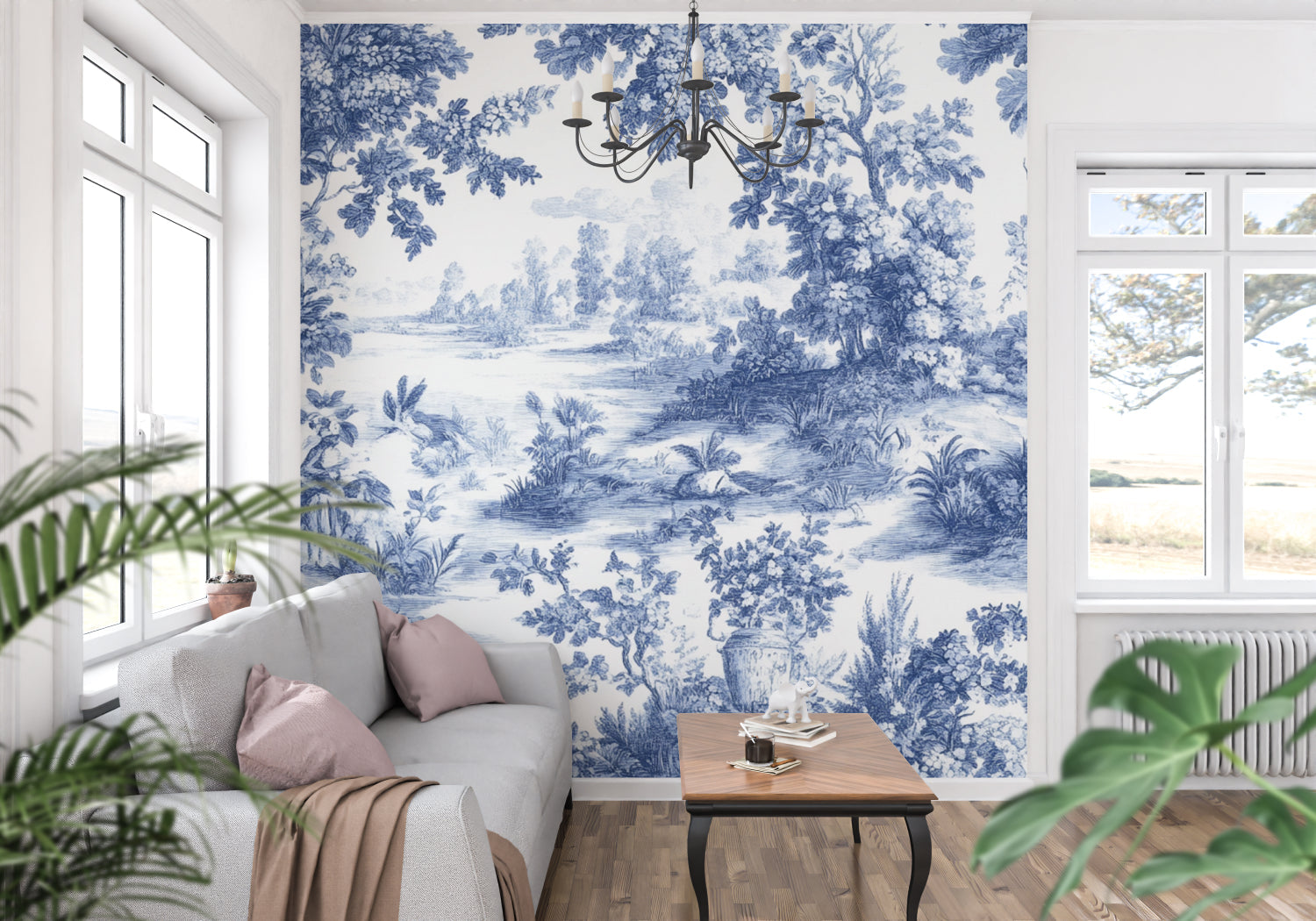 Blue Toile de Jouy wallpaper in elegant dining room with crystal chandelier and white wainscoting