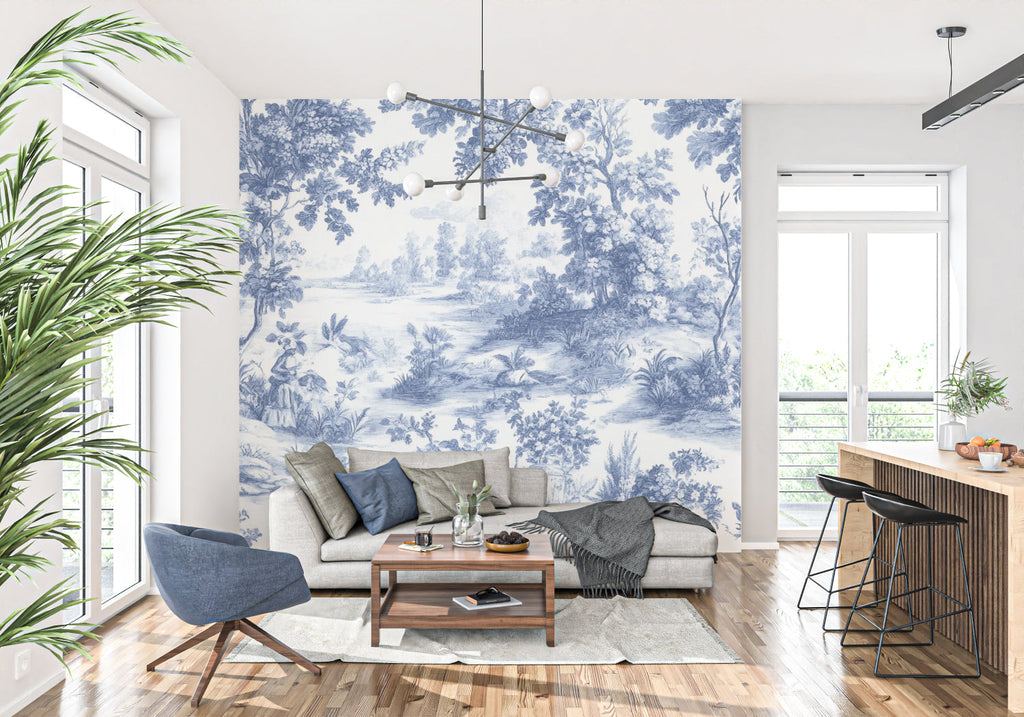Vintage blue Toile de Jouy mural in master bedroom with classic furniture