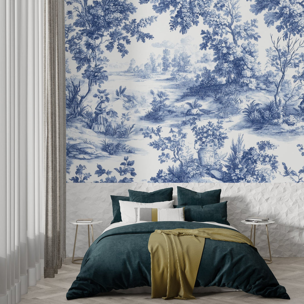 Vintage French Toile pattern wallpaper creating depth in a cozy bedroom