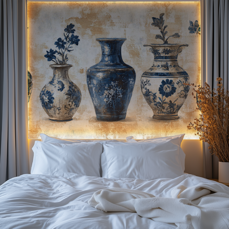 Blue porcelain vase wallpaper in elegant dining room with crystal chandelier