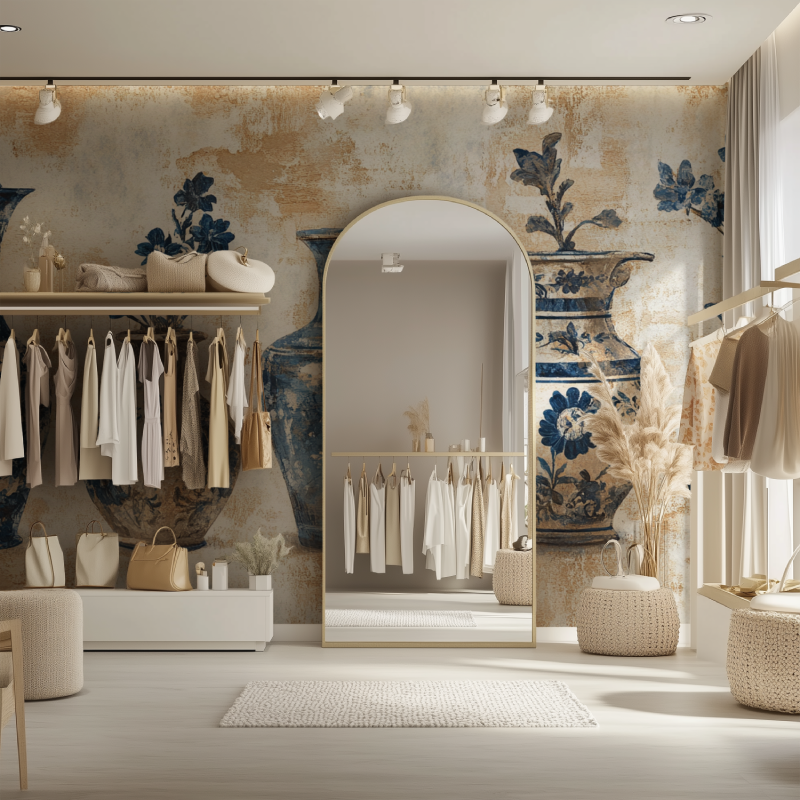 Porcelain vase wall mural in boutique hotel lobby