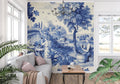 Blue Toile de Jouy wallpaper in a bright dining room showing French countryside scene