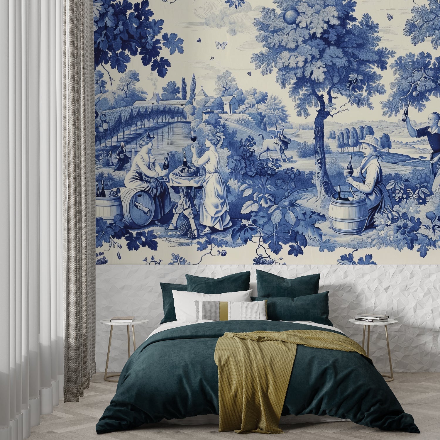 Vintage Toile de Jouy wallpaper creating elegance in a living room