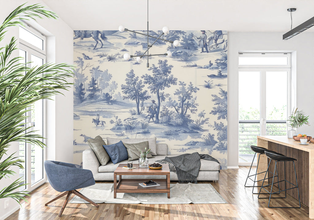 Vintage blue Toile de Jouy mural in a master bedroom setting