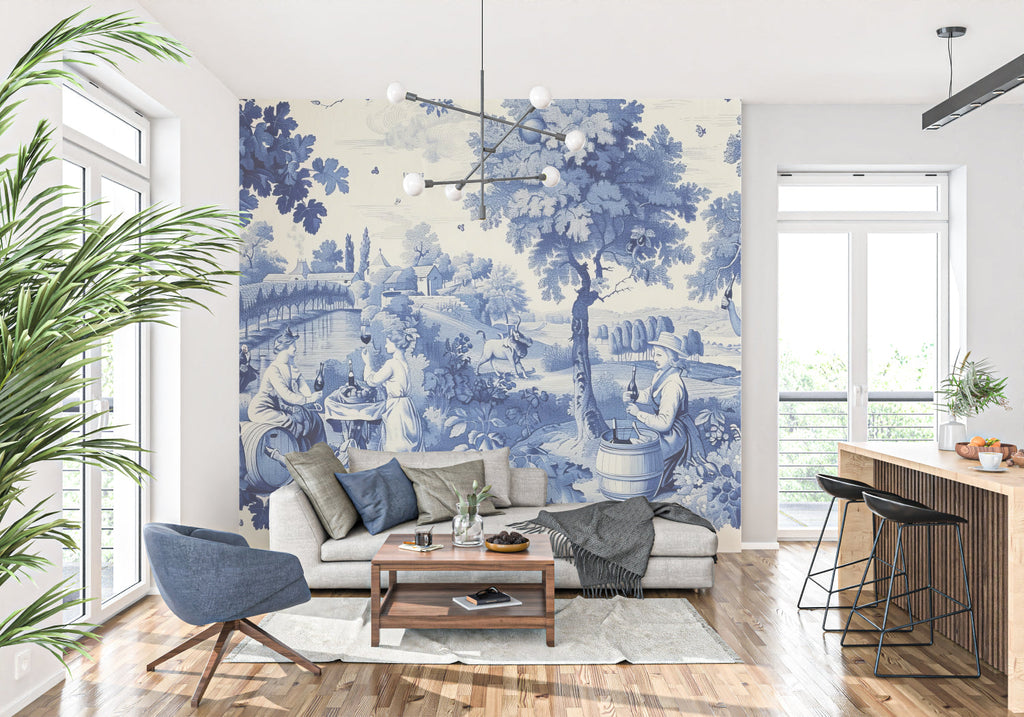 Blue countryside scene wallpaper in a cozy reading nook