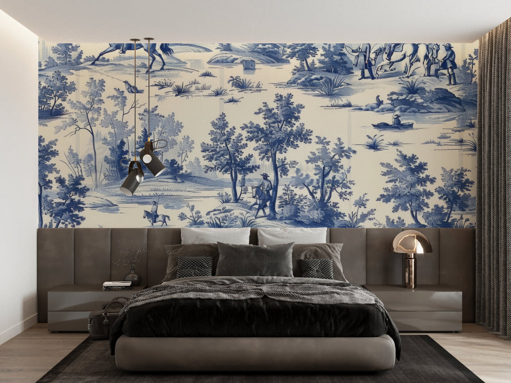 Blue and beige Toile wallpaper bringing classic charm to a hallway