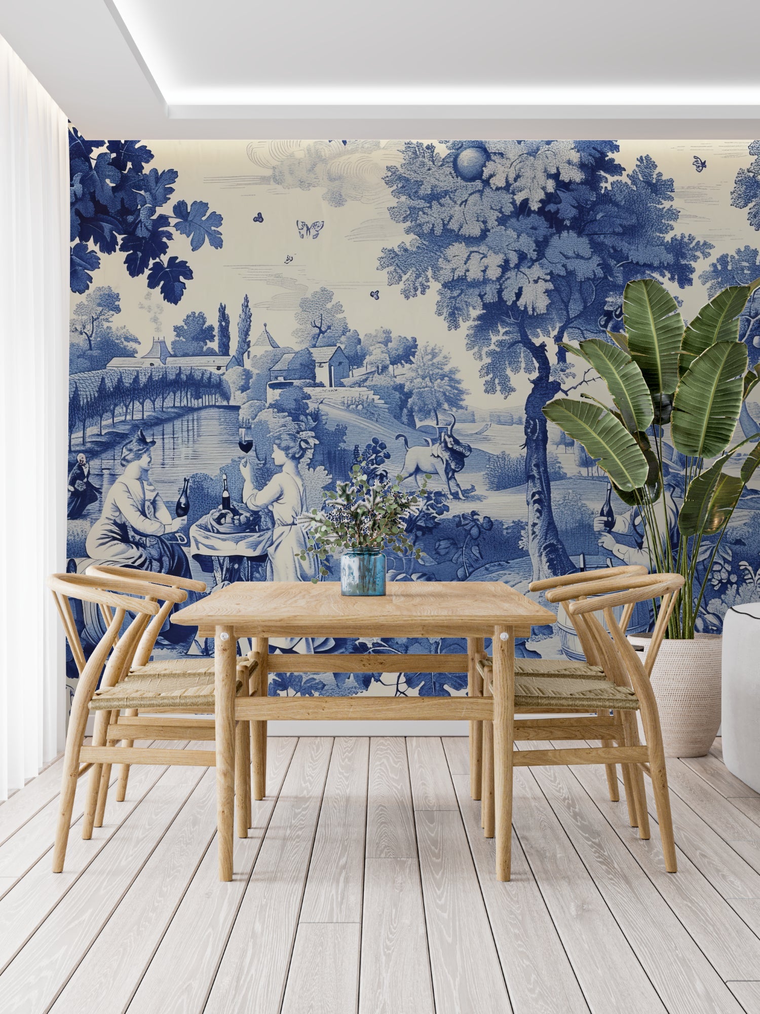 Traditional blue Toile wallpaper enhancing a hallway space