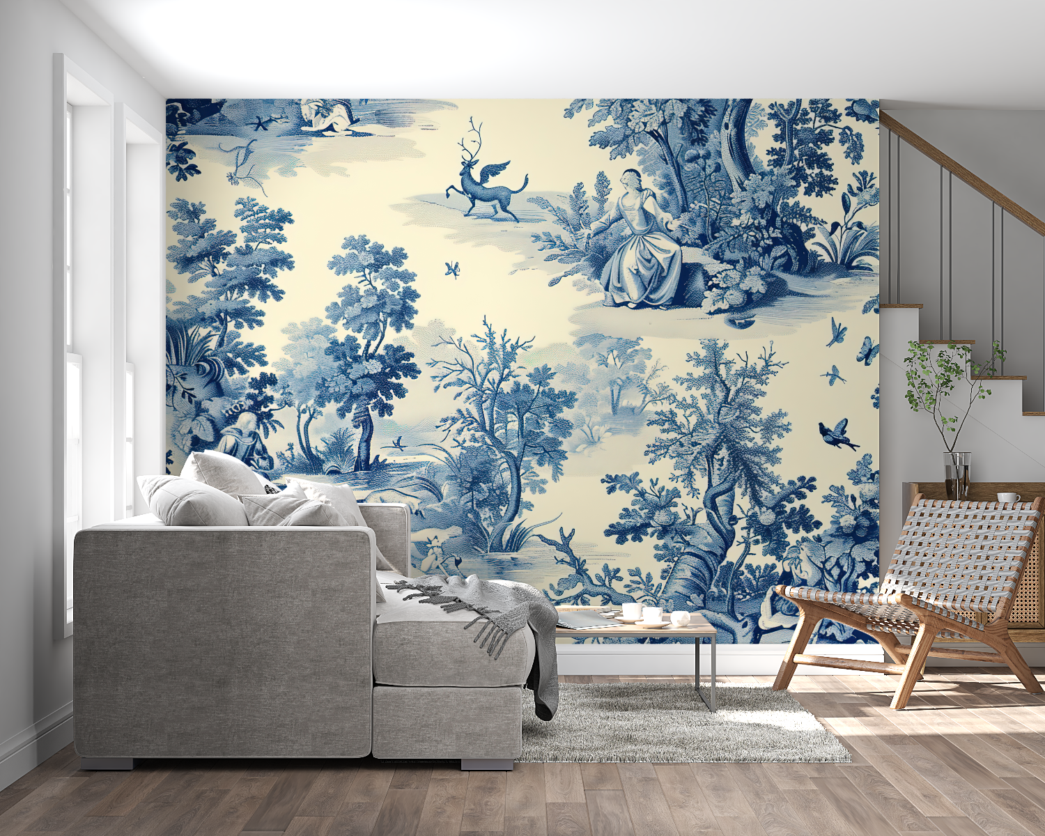 French Toile forest pattern transforming classic bedroom walls