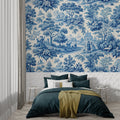 Blue Toile de Jouy wallpaper in an elegant dining room, French countryside pattern adding sophistication
