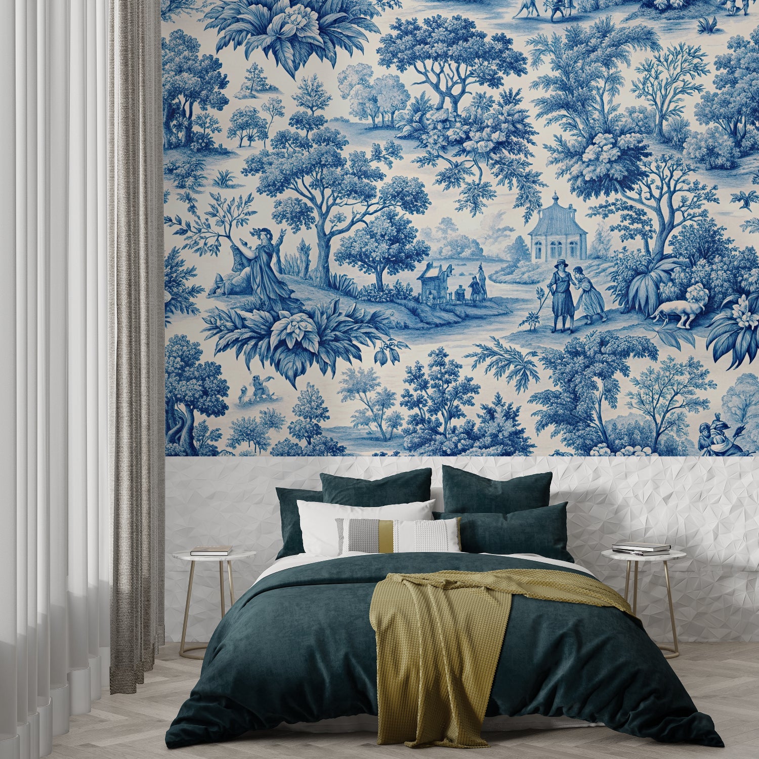 Blue Toile de Jouy wallpaper in an elegant dining room, French countryside pattern adding sophistication