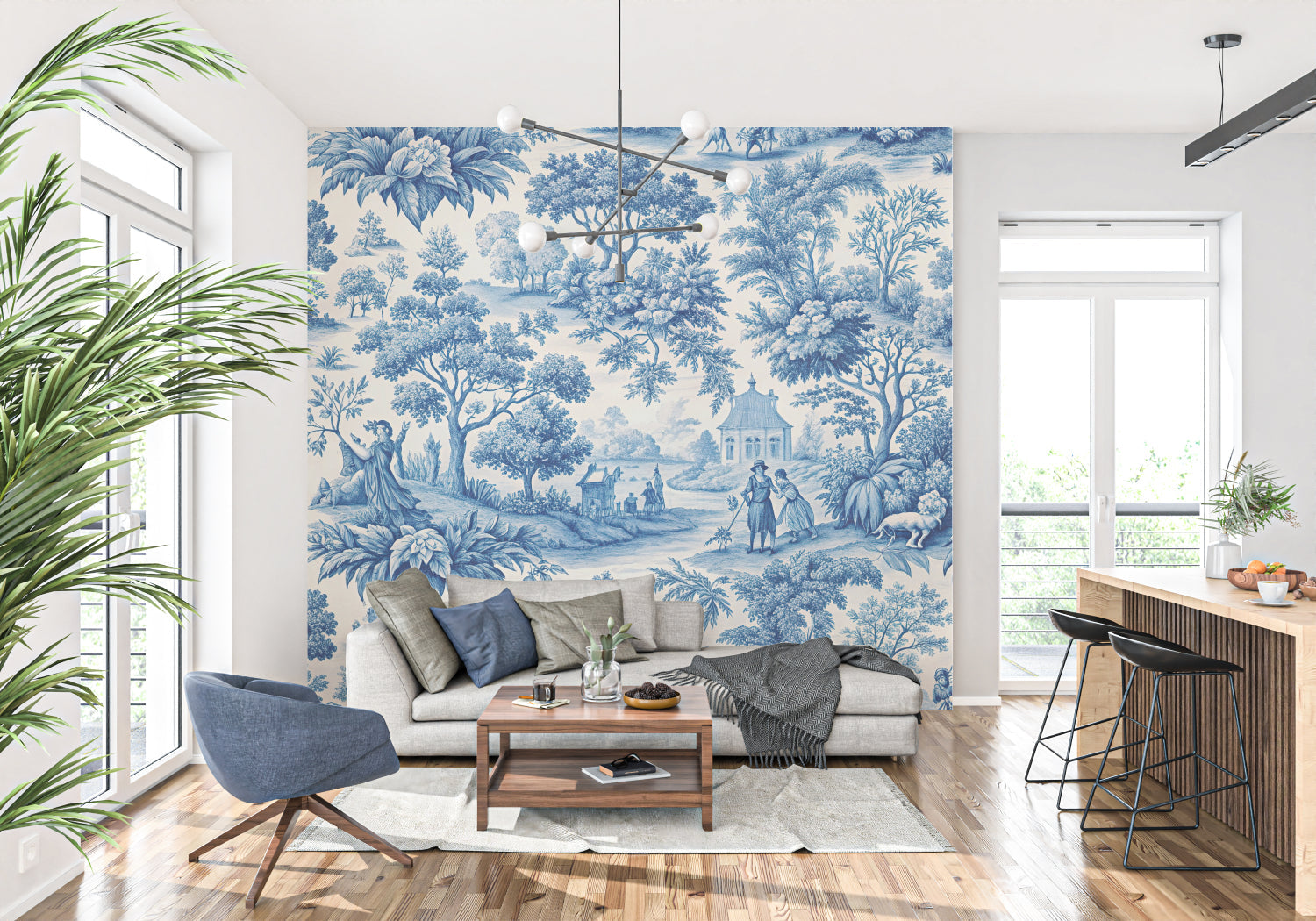 Pastoral scene Toile de Jouy mural adding character to a home office