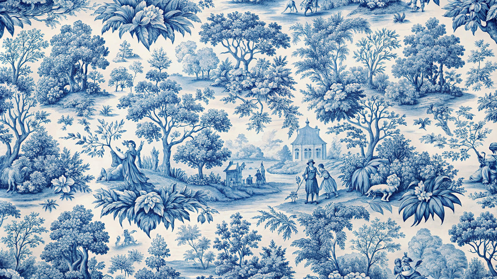 Blue Toile de Jouy wallpaper design file showing detailed French countryside pattern and motifs