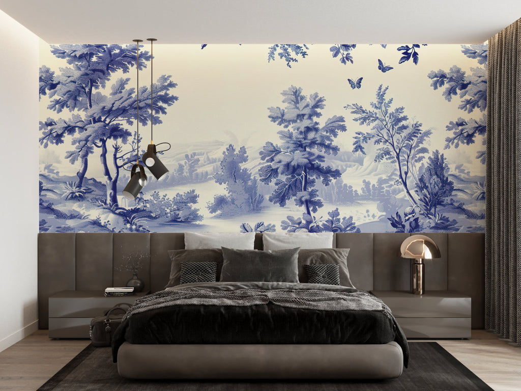 Vintage blue toile wallpaper in a modern home office setting