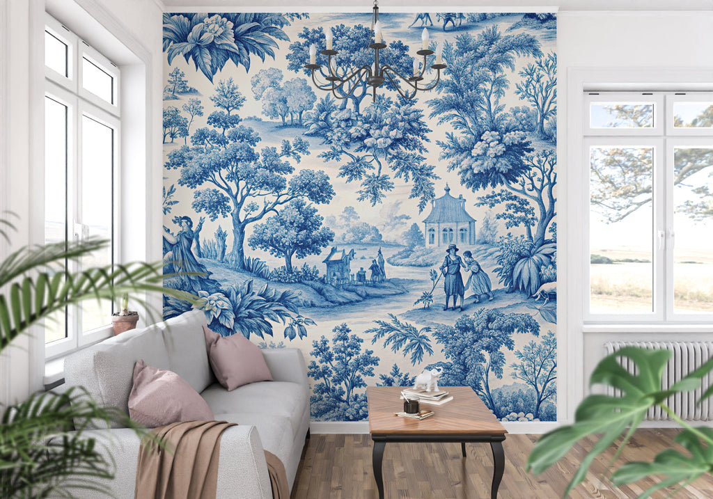 Blue Toile de Jouy wallpaper in elegant dining room showing pastoral scenes and French countryside motifs