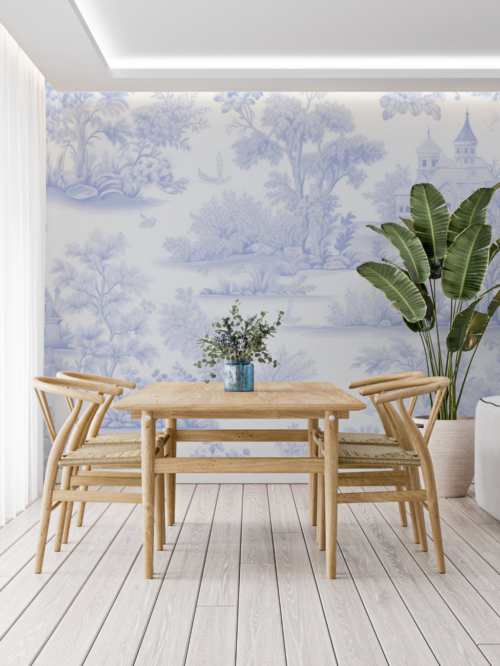 Blue and white toile wallpaper creating a sophisticated look in an entryway