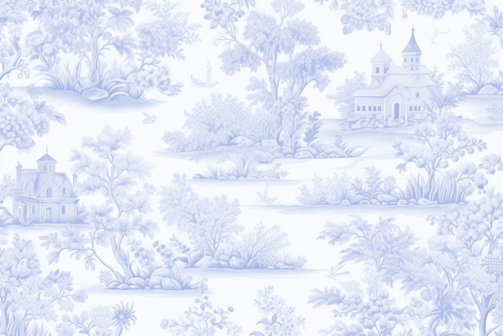 Design file showing detailed blue Toile de Jouy pattern with pastoral scenes and architectural elements