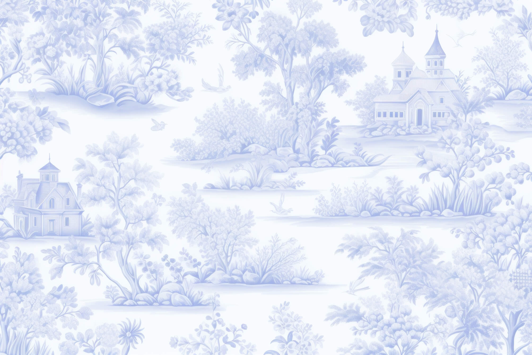 Design file showing detailed blue Toile de Jouy pattern with pastoral scenes and architectural elements